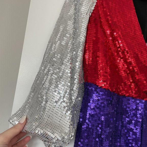 Alice + Olivia Blaze Colorblock Sequin Mini Dress Puff Sleeve Wrap Fit and Flare - Picture 7 of 12